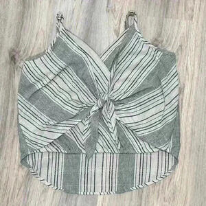 Hayden Gauzy Front Knot Sleeveless Crop Top Neutral Cotton Stripe Shirt Size L